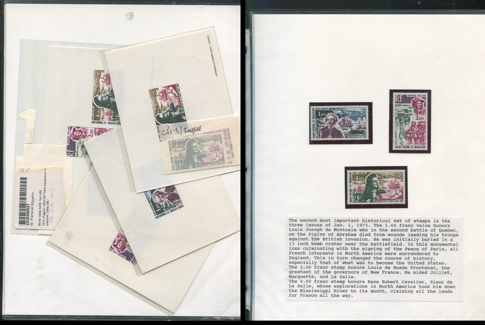 St Pierre and Miquelon 1973 C51 - C53, a group compund die proofs, die proof set, perforated and: St Pierre and Miquelon 1973 C51 - C53, a group compund die proofs, die proof set, perforated and impertforate sets as singles, appears f-vf