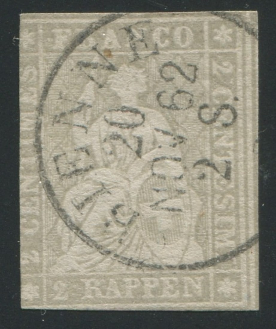 Switzerland 1858-1862 #35, a used 2r pale gray, cancelled by Bienne timble cancel, Scott value $575, (1 of 1)