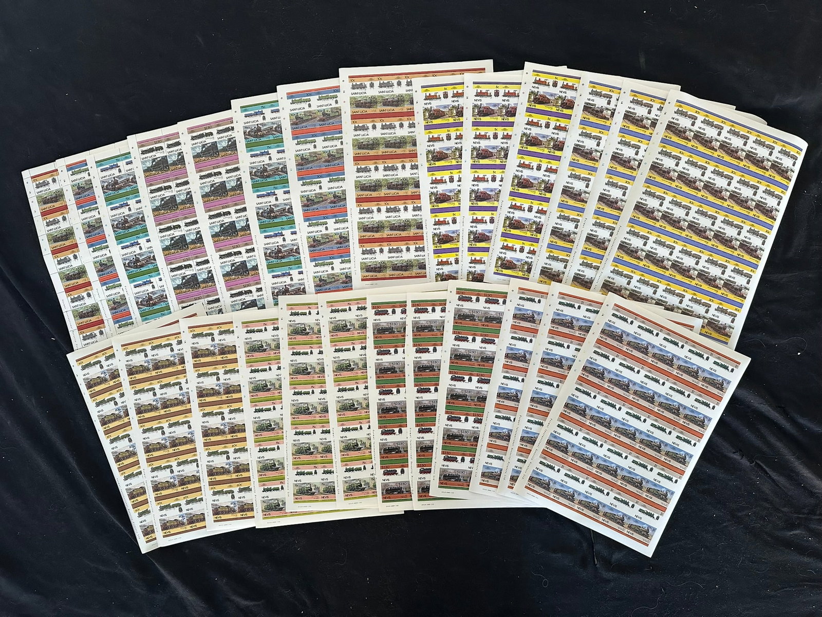 Topical - Trains, Nevis 1983- 1986, #192 /#222 -5c, 30c,60c, 75c, $1 and $2.50 and St.Lucia 1983, (1 of 5)