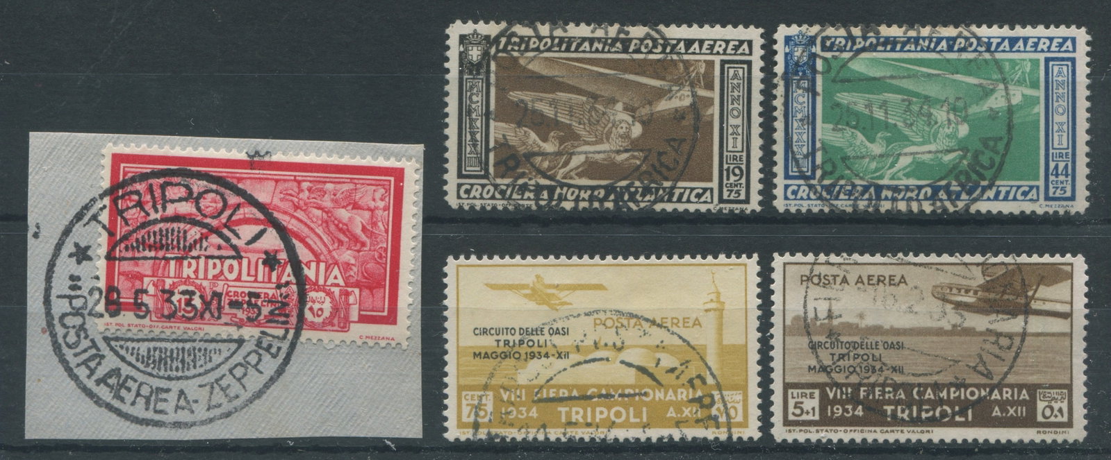Tripolitania - Air Post 1933 - 1934, C25 / C40, a used group of five items one on piece, Scott value (1 of 1)