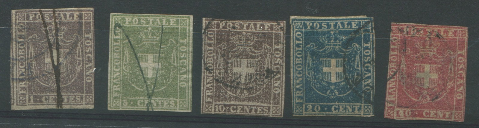 Tuscany 1860 #17-#21 used set margins touching to close, 5 stamps Cat. $1600.00 (1 of 1)