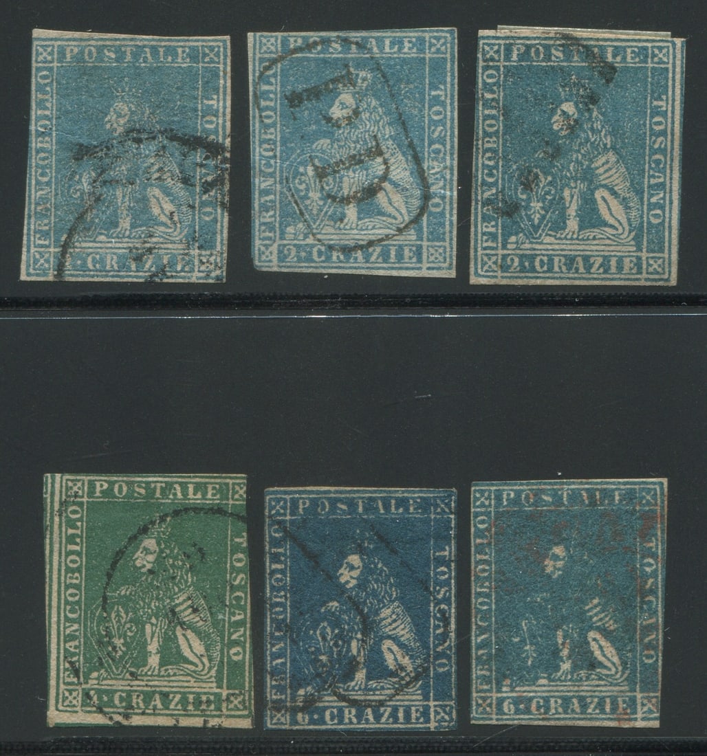 Tuscany 1857 -1859 #13 2cr blue, #14 4cr green and 6cr dp blue, a used group of six, all on wmk 184 (1 of 1)