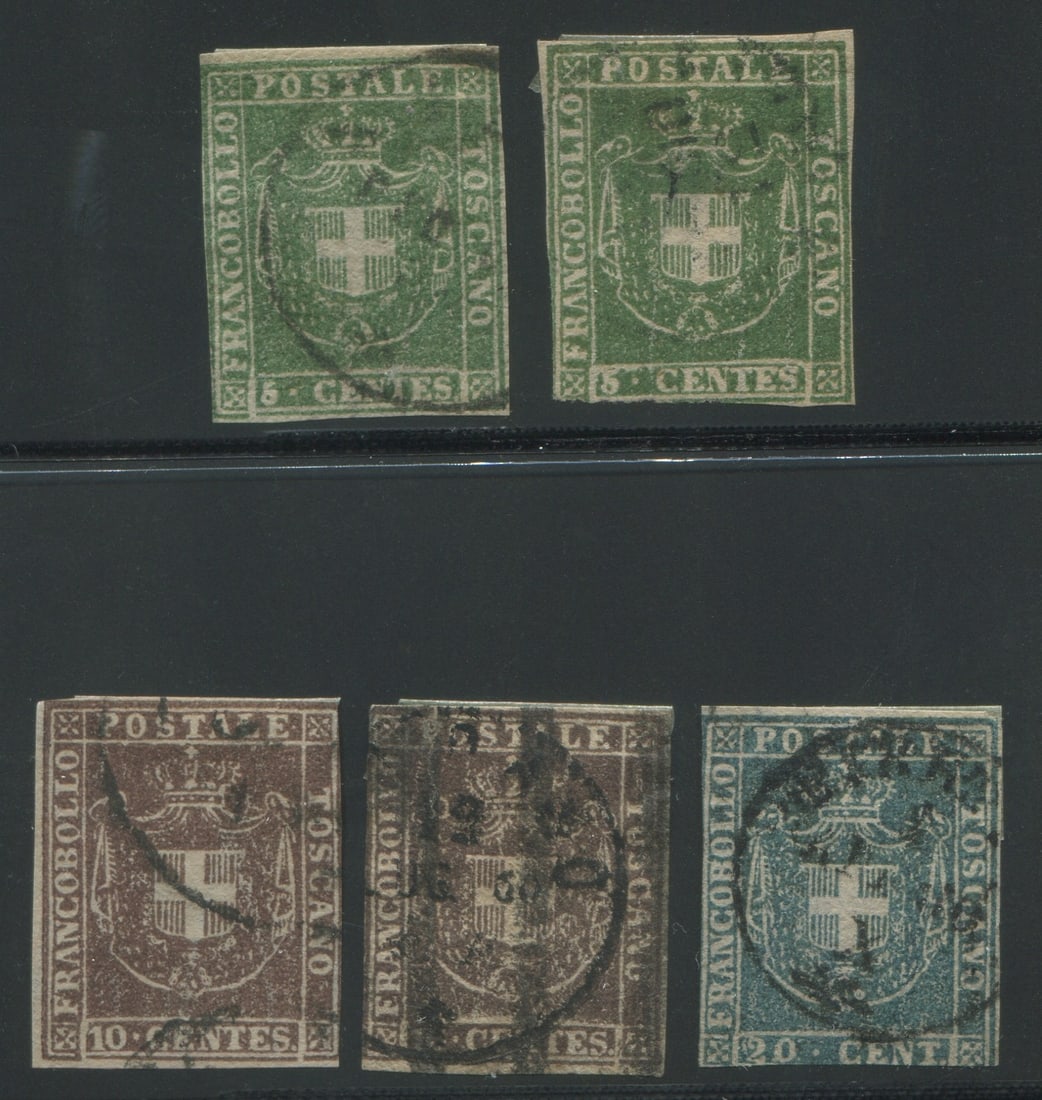 Tuscany 1860 #18, 5c green, #19 10c dp brown and #20 blue, a used group of five all on wmk 184 (wavy (1 of 1)