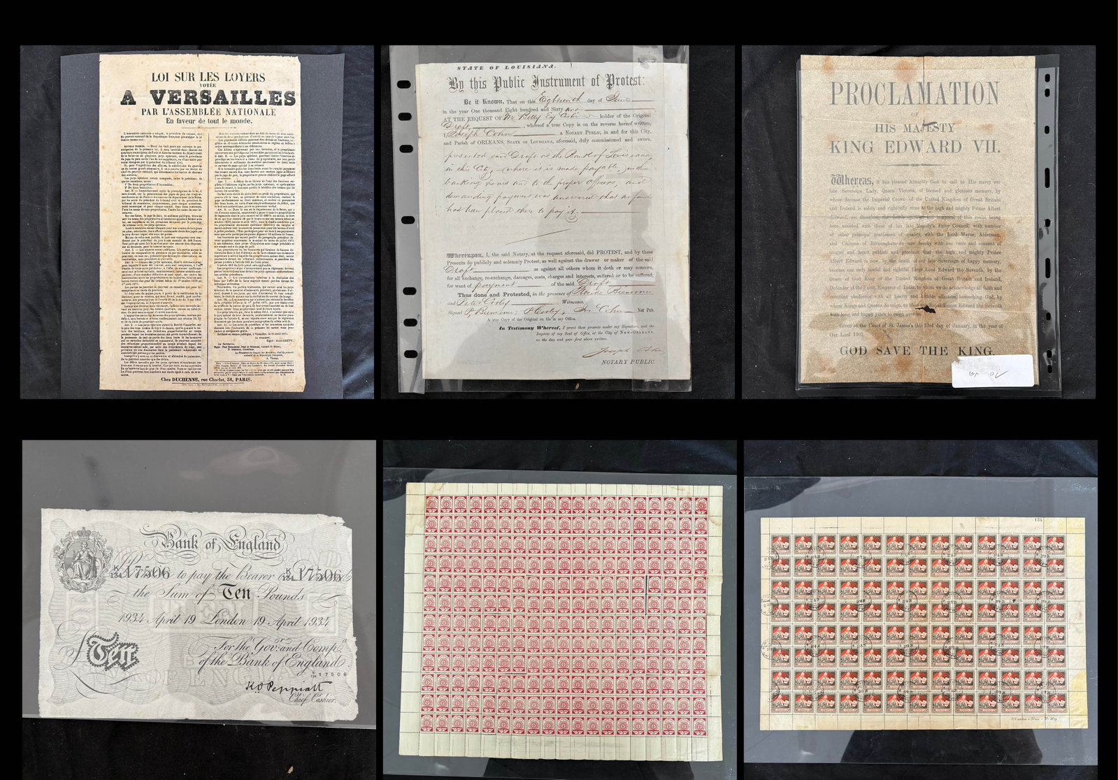 1 sheet of 300 Latvia 5 KAP 1918 on Map, 1 sheet of 104 Latvia 20K on bond paper, 4 old documents,: 1 sheet of 300 Latvia 5 KAP 1918 on Map, 1 sheet of 104 Latvia 20K on bond paper, 4 old documents, est. Cat. USD $450.00, French 1871 document New Laws applying to rental buildings, Proclamation of Hi