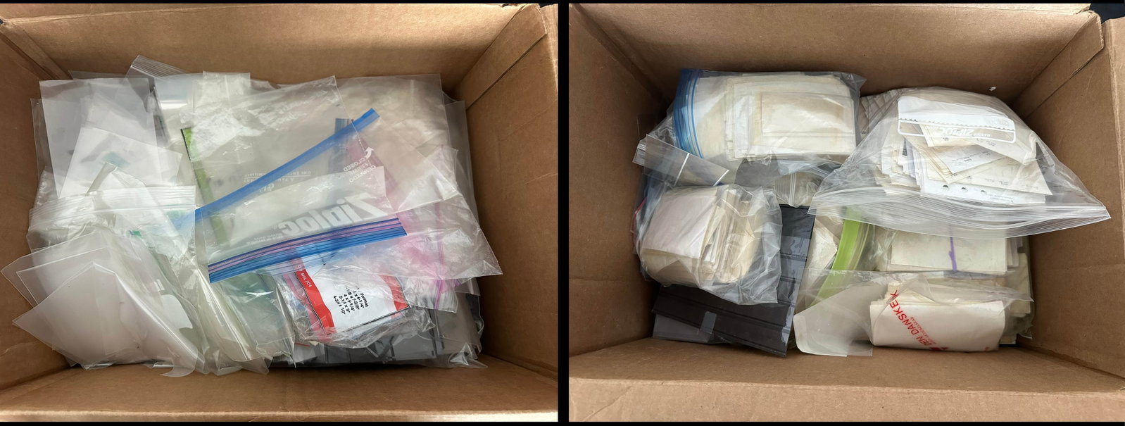 Supplies - two cartons of 2 row stockcards and manila stocksheets, and clear plastic baggies, also a: Supplies - a large carton of 2 row stockcards and clear plastic baggies, also a couple of bundles of 102 with penicil writing, hundreds of each, appears fine