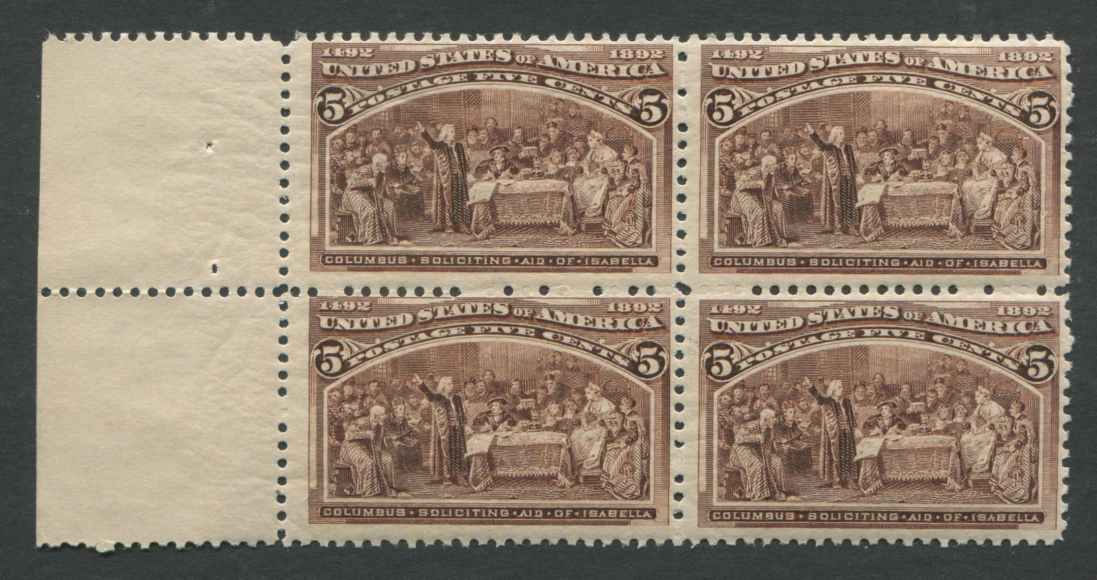 USA 1893 #234, a MNH 5c chocolate left marginal block of four, Scott value $600, appears fine (1 of 2)