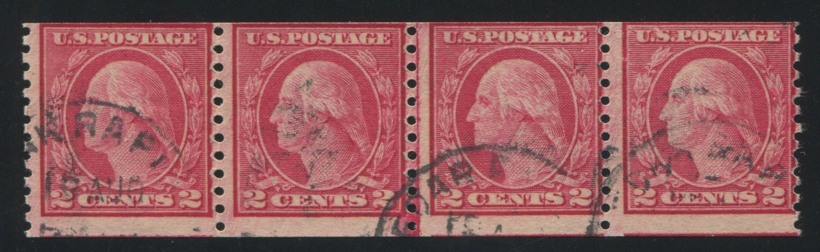 USA 1914-1916, #454, a used coil joint strip of four (1 of 2)