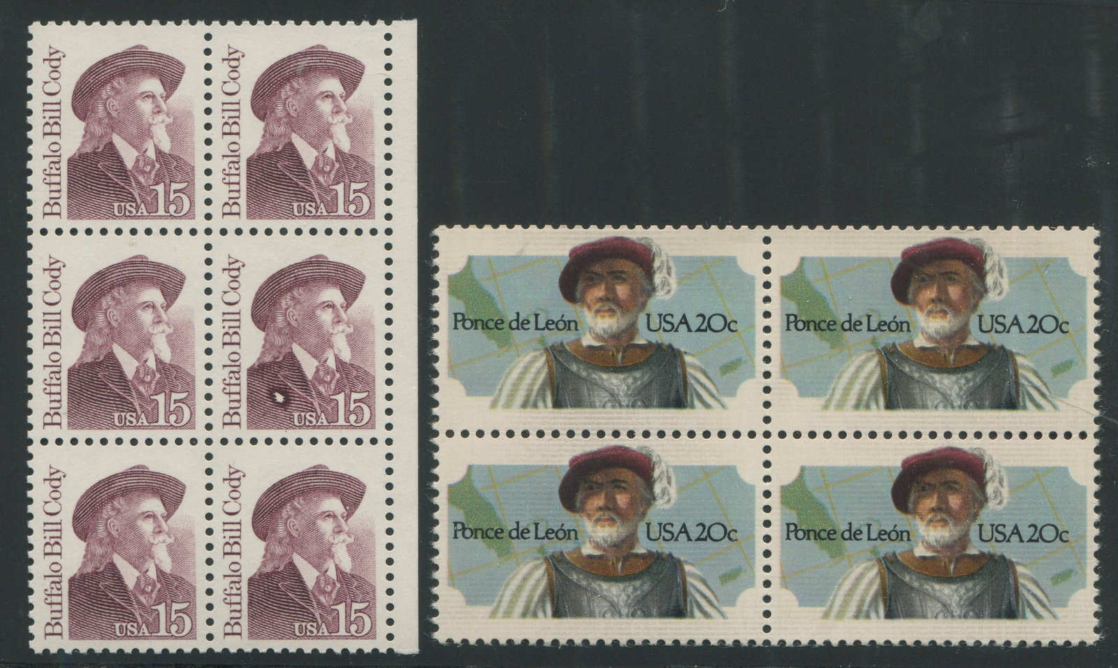 USA 1982 - 1986 #2024 MNH 20c Ponce De Leon block of four with gum on both sides, and MNH #2178 15c (1 of 2)