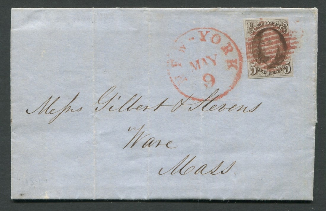 USA - 1849 #1, a 5c brown (3 margins) cancelled by red New York cds and 10 bar grid killer to Ware (1 of 2)