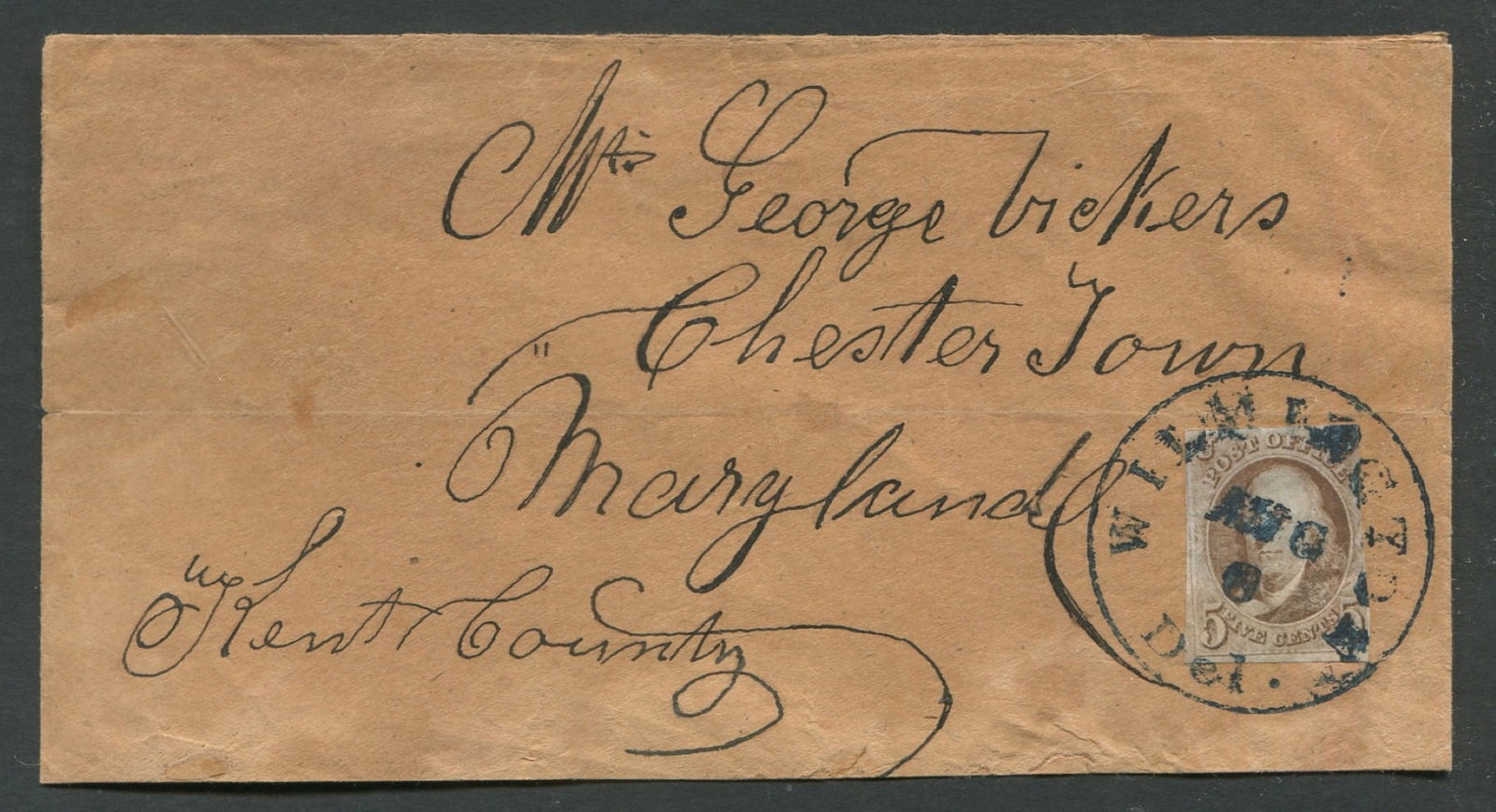 USA #1 5c pale brown (3 margins), cancelled by Wilmington cds , dated Aug 6 sent to Chesterfield MD,: USA #1 5c pale brown (3 margins), cancelled by Wilmington cds , dated Aug 6 sent to Chesterfield MD, ex jack molesworth, (has his notation on reverse) sscare usuage, appears f-vf
