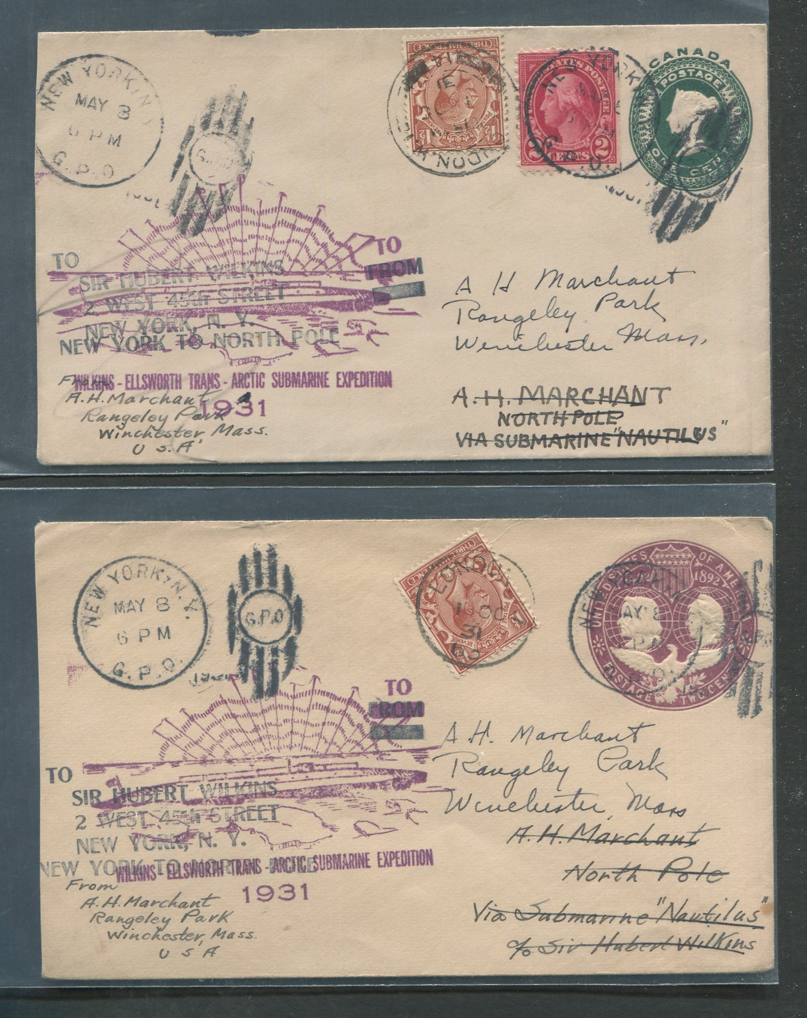 USA - The Wilkins - Ellesworth trans - Artic submarine Expedition May 8, 1931, two covers, New York (1 of 2)