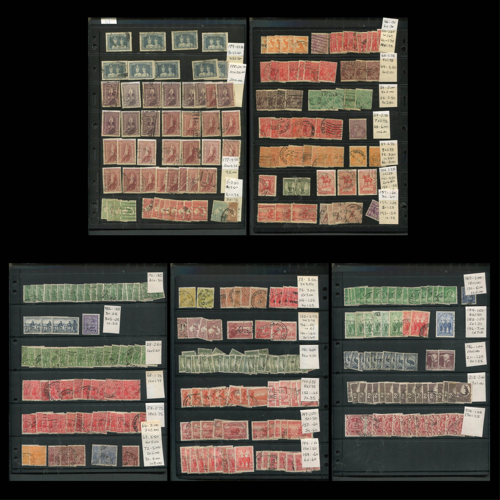 Australia 1913 - 1949 #1 / #218, a used duplicated accumulation on four double sided stocksheets, (1 of 6)