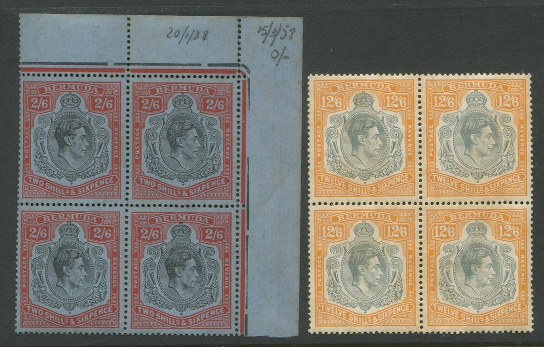 Bermuda 1938-1951 #124a 2/6 red and black, perf 14, MNH block of four and #127a 12/6 orange and grey (1 of 2)