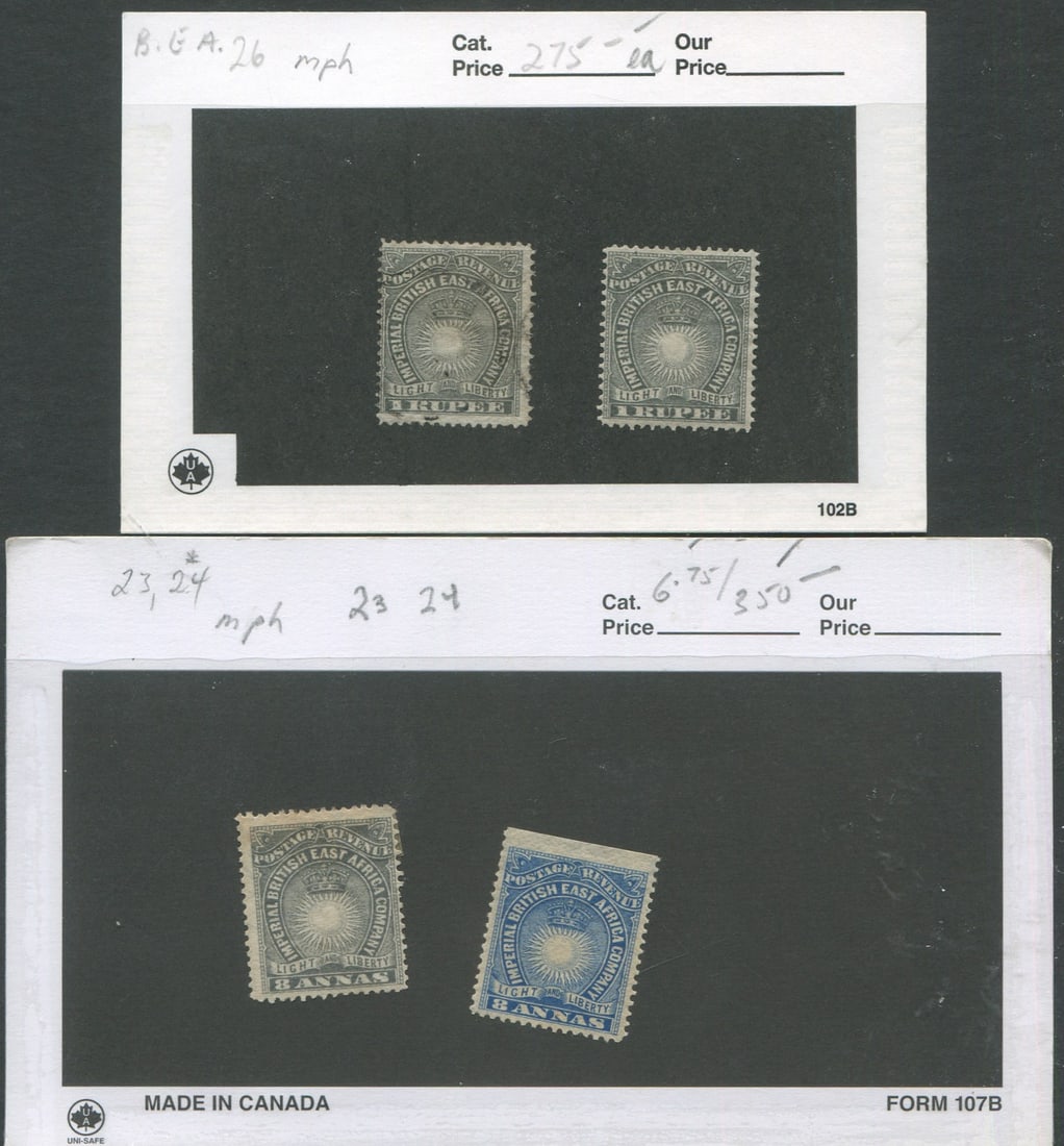 British East Africa 4 stamps, #26 MH and used examples, #23 and #24 MH, Cat. $900.00 (1 of 1)