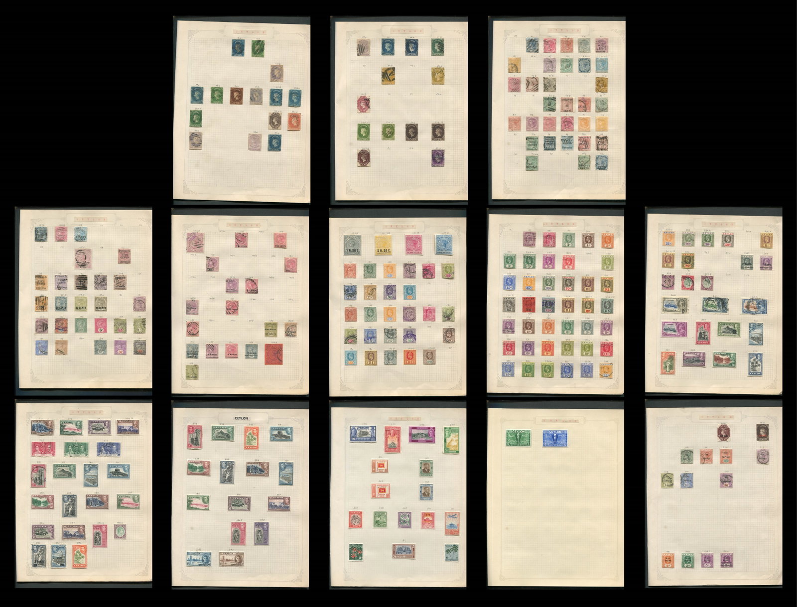 Ceylon 1857 - 1970,#3 /#316, A MH and used collection on leaves, includes #3 and #4 used with just: Ceylon 1857 - 1970,#3 /#316, A MH and used collection on leaves, includes #3 and #4 used with just into to good margins,#17, #18, , with a small g#32,#33, #52 MH, #57 used, with various overprints on 