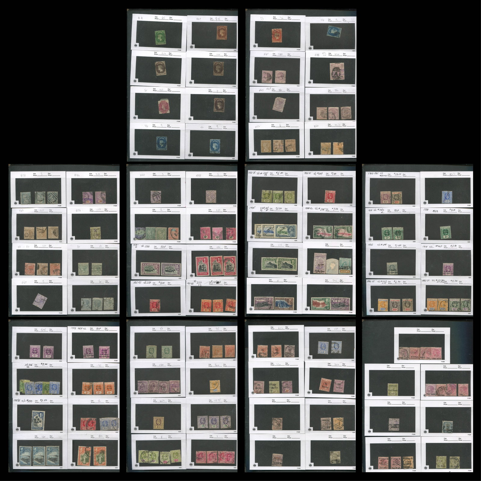 Ceylon 1861 -1947 #20 / #299. a MH and used selection on 102 cards, Scott value $770.65, expect some (1 of 10)