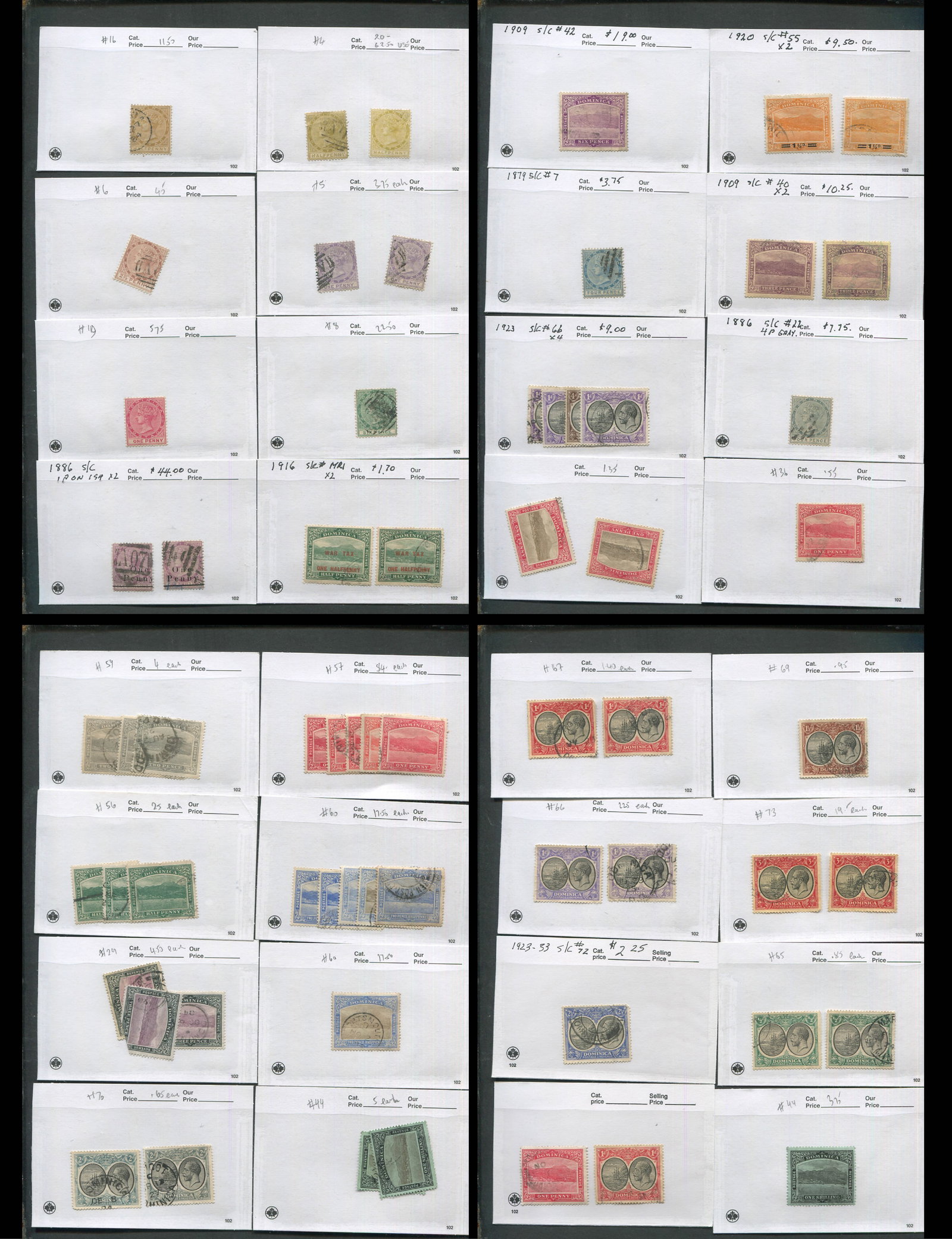 Dominica 1877 - 1921 #7 / #61,, a MH and used selection on 102 cards, Scott value $575.20, expect (1 of 5)
