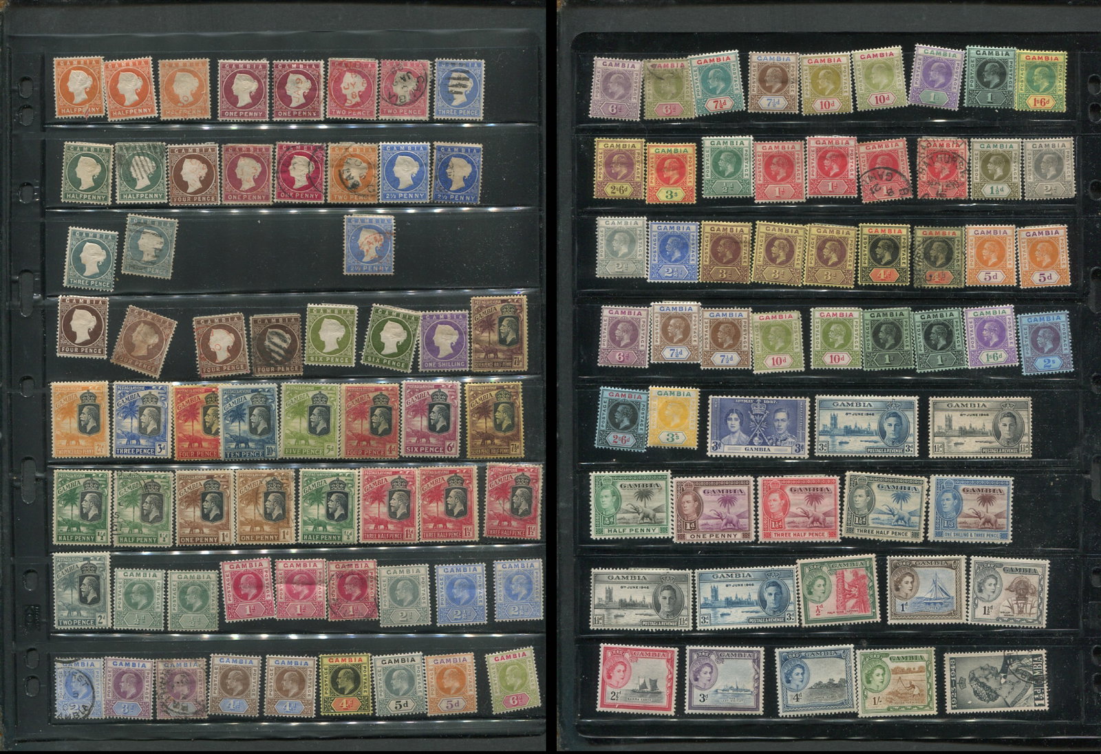 Gambia 1880 - 1953 #5 / #160, a MH and used collection on a doubled side stocksheet, with values up (1 of 3)