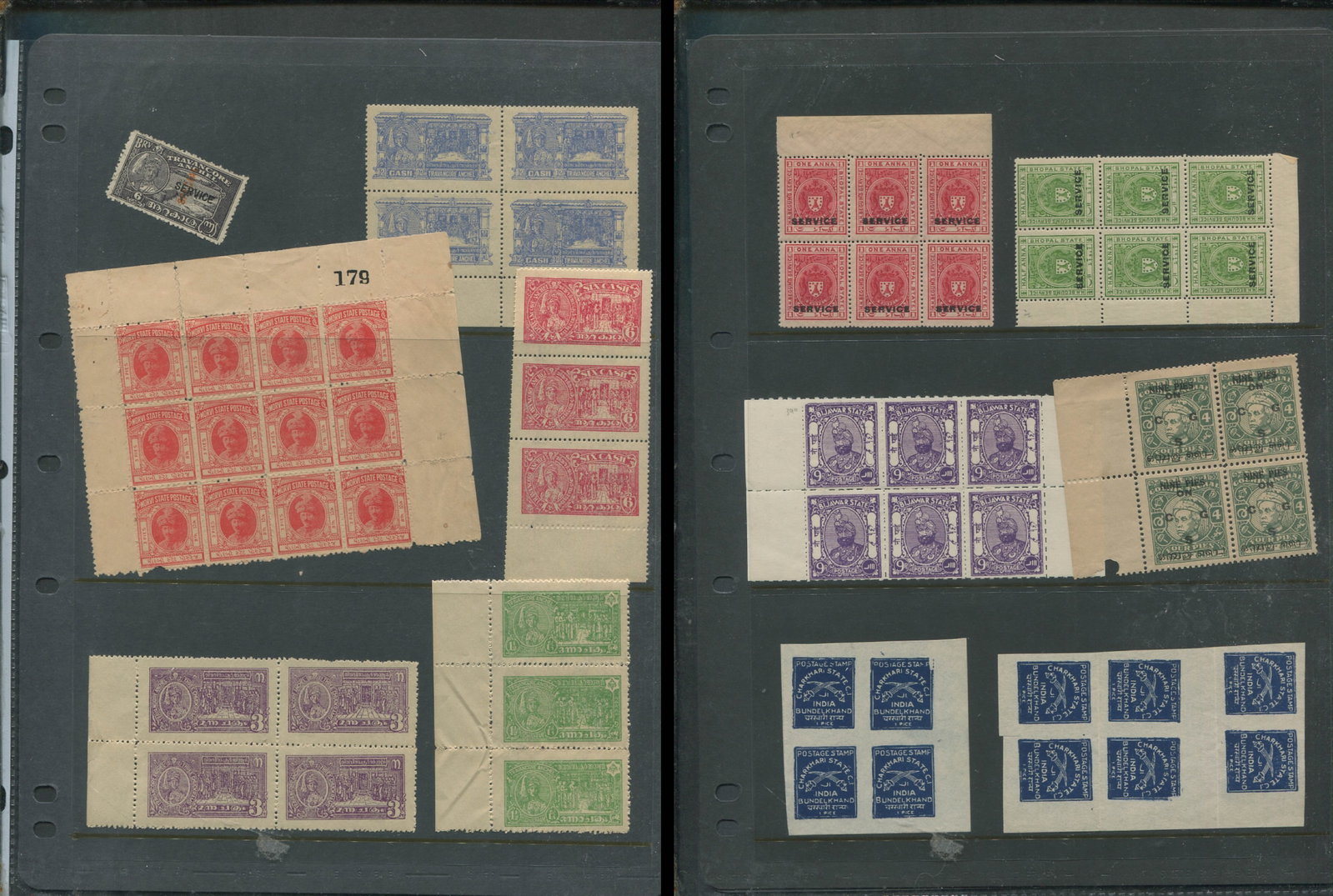India - Feudatory States 1930s 1940s a mainly MNH or (no gum as issued) grouping of mint blocks / (1 of 3)