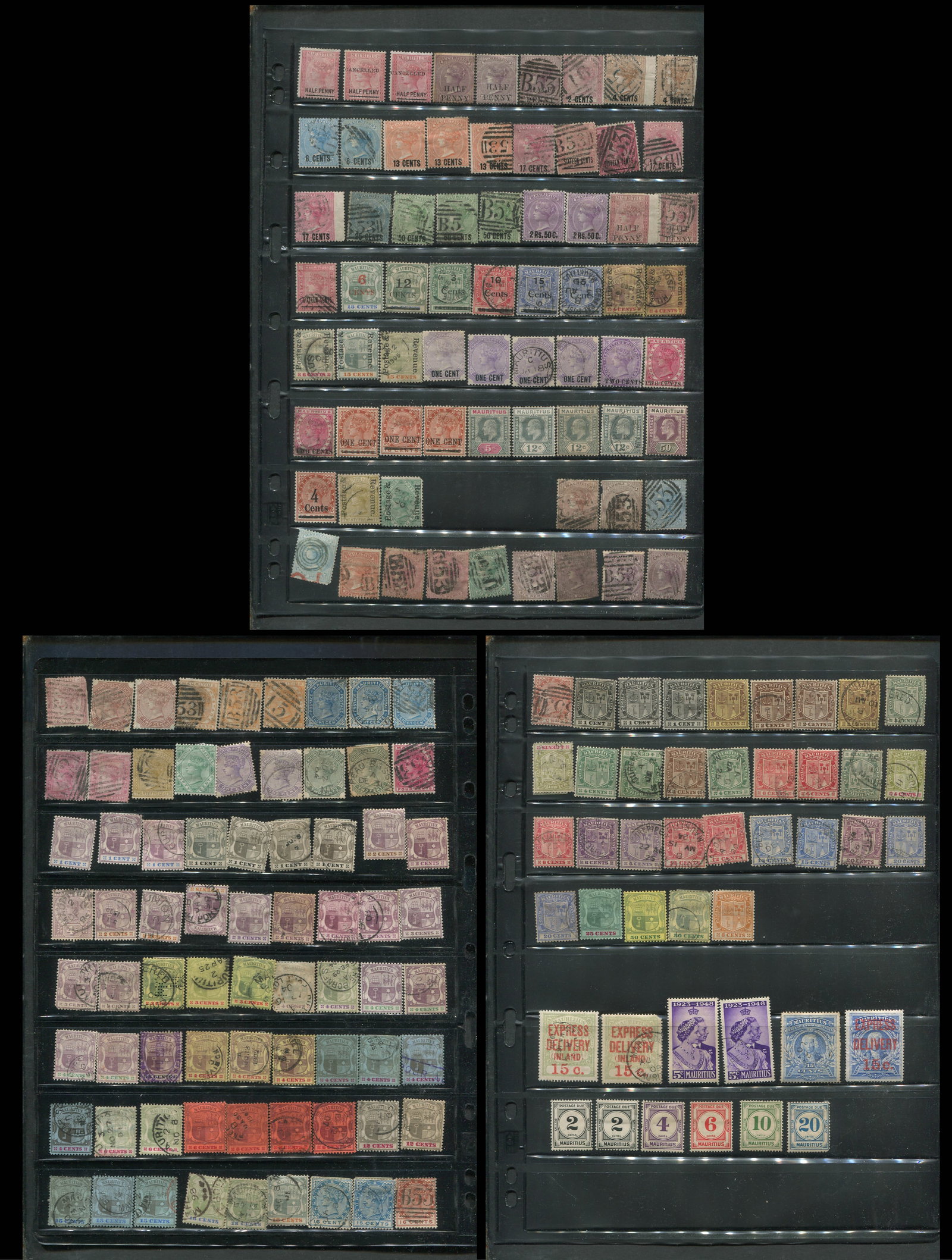 Mauritius 1860 - 1948 #24 / #229, a MH and used collection on two double sided stocksheets, with a: Mauritius 1860 - 1948 #24 / #229, a MH and used collection on two double sided stocksheets, with a good selection of surcharge issues, Scott value $1647+, appears f-vf