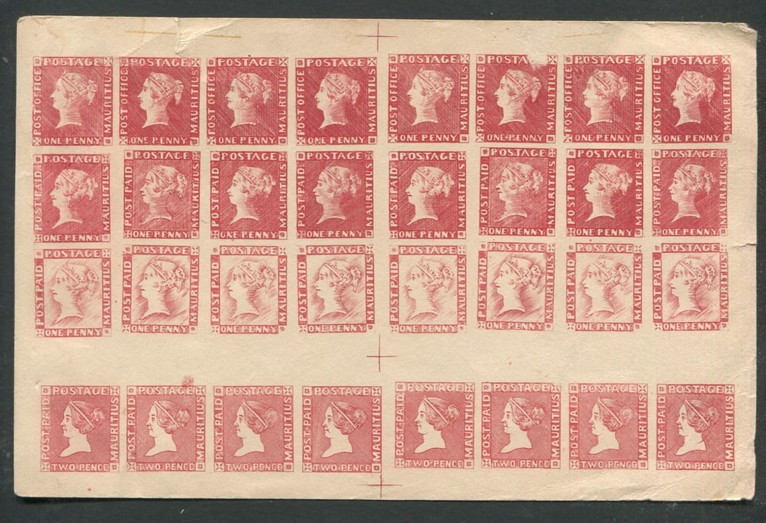 Mauritius 1847 - 1858, #1 / #2, a REPRODUCTION sheet of 32 printed in red, of the 1d "Post office", (1 of 2)