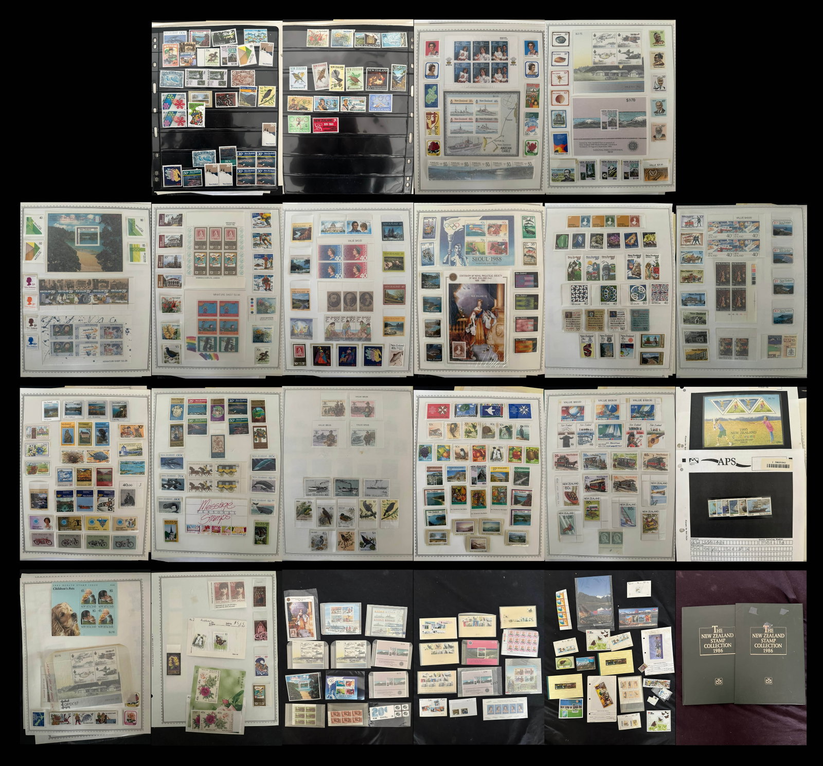 New Zealand - Face Value 1972 - 1990, a large MNH accumulation on leaves, stockcards and looses, (1 of 7)
