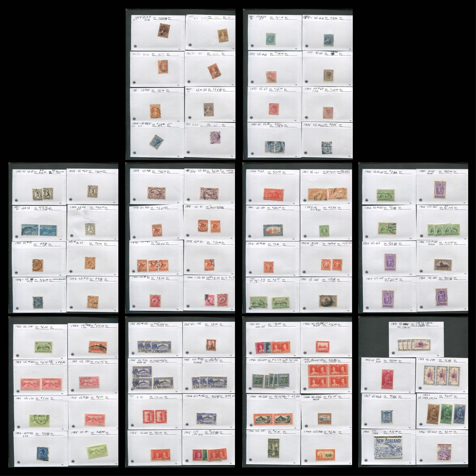 New Zealand 1857 - 1994 #9 / #1007, a mainly used selection on 102 cards, Scott value $2341.80, (1 of 10)