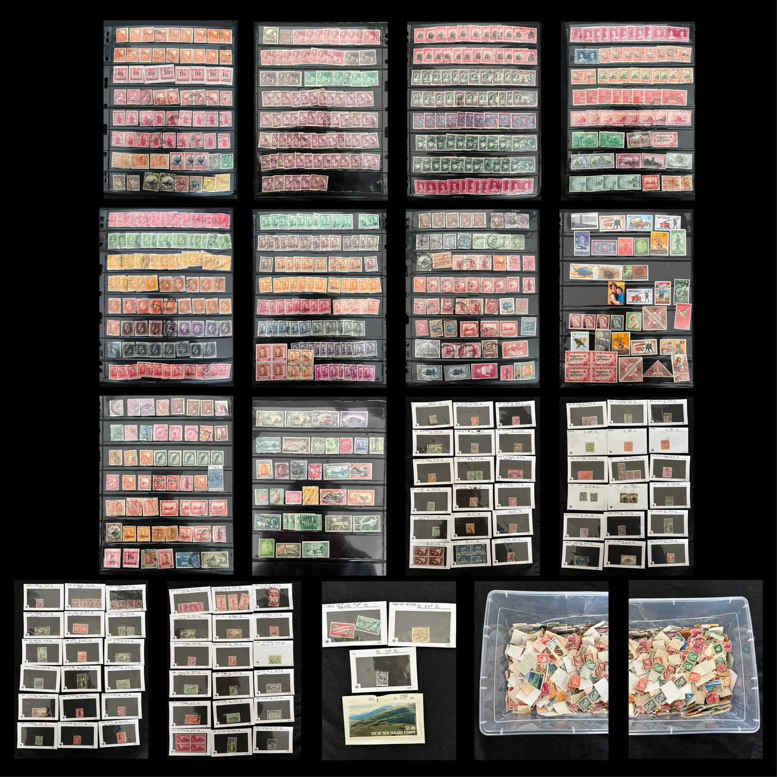 New Zealand 1878-1979 maily used collection on 102 cards and stock sheets, and a tub of thousands of (1 of 5)