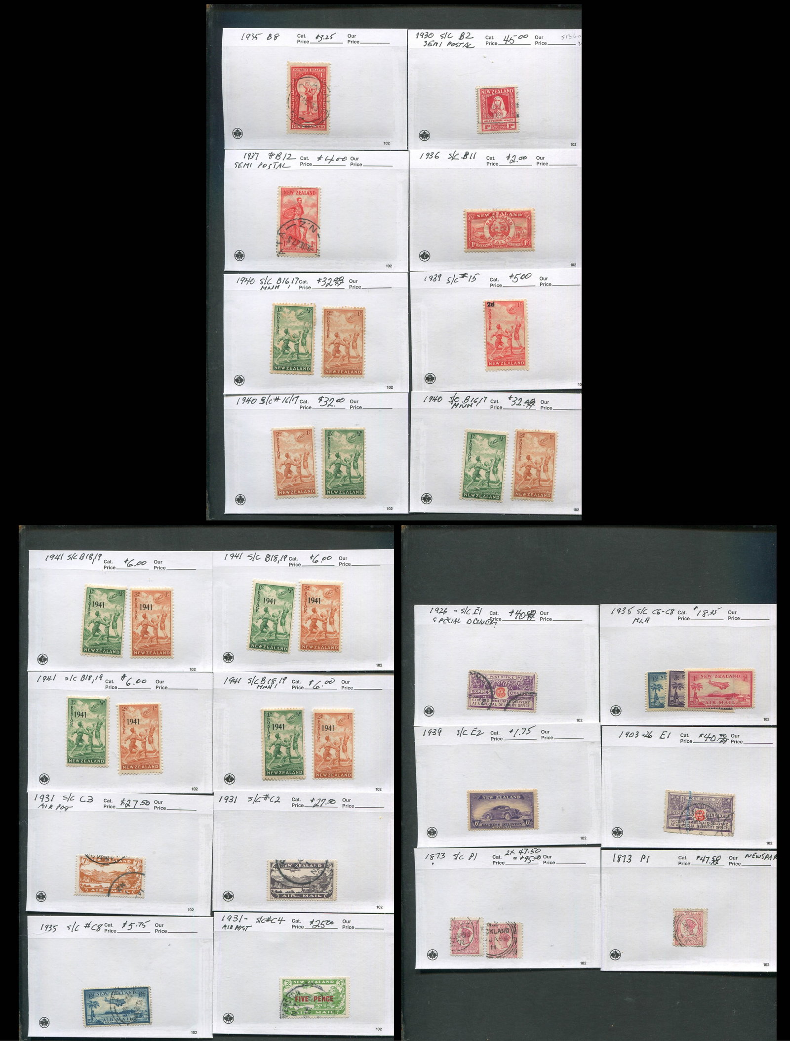 New Zealand 1873 -1939, #B2/ #B19, #C2 / #C8, #E1 / #E2 and #P1 , a MH and used selection on 102 (1 of 4)