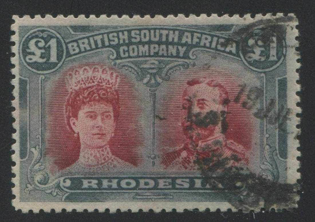 Rhodesia 1910, #118, 1 Pound bluish slate and carmine double head, used, cancelled by smudged cds in (1 of 1)