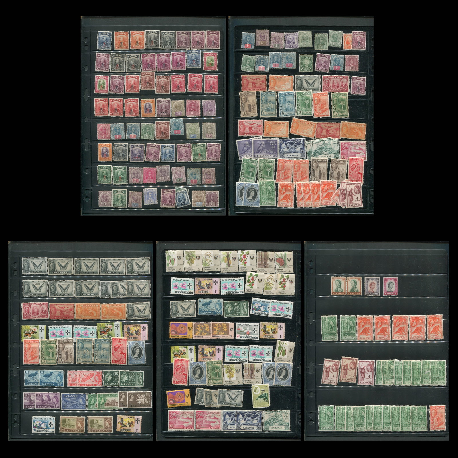 Sarawak mint and mint NH collection on stock sheets, 1888-1986, est. Cat. $575.00: Sarawak mint and mint NH collection on stock sheets, 1888-1986, est. Cat. $575.00, some better stamps, some duplication, a nice start to this country.