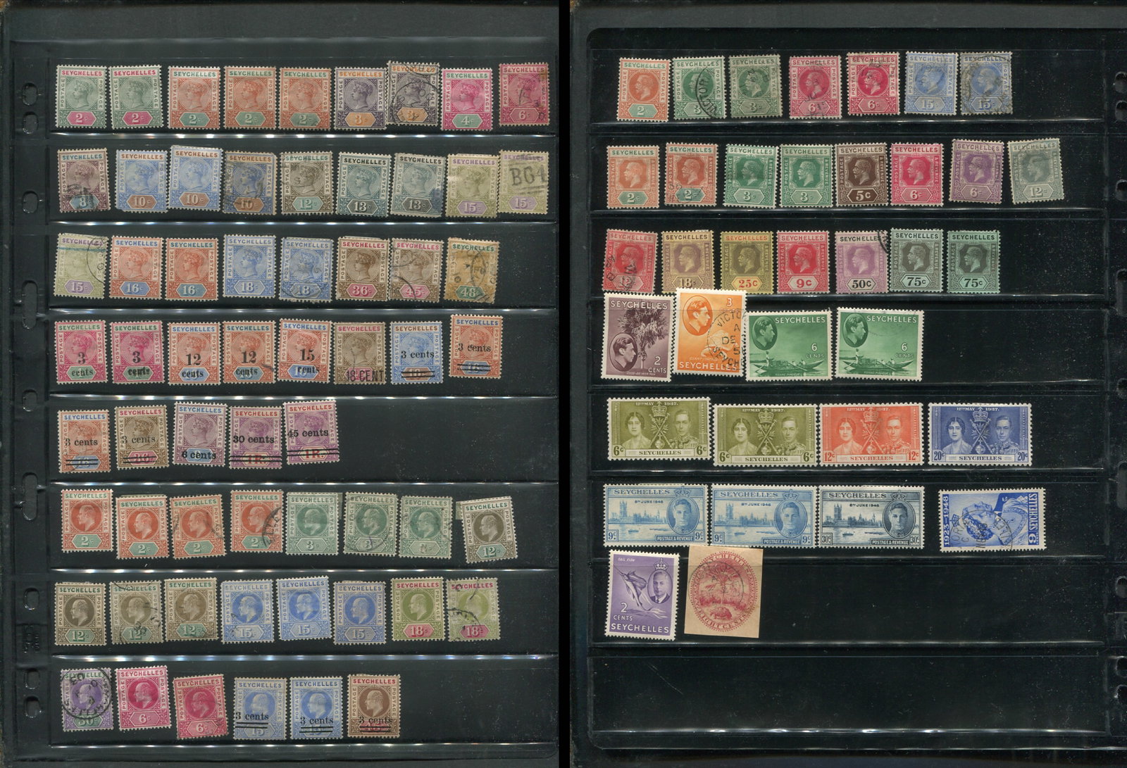 Seychelles 1890 -1952 #1 / #157, a Mh and used selection on a stocksheet, Scott value $526.75, (1 of 3)