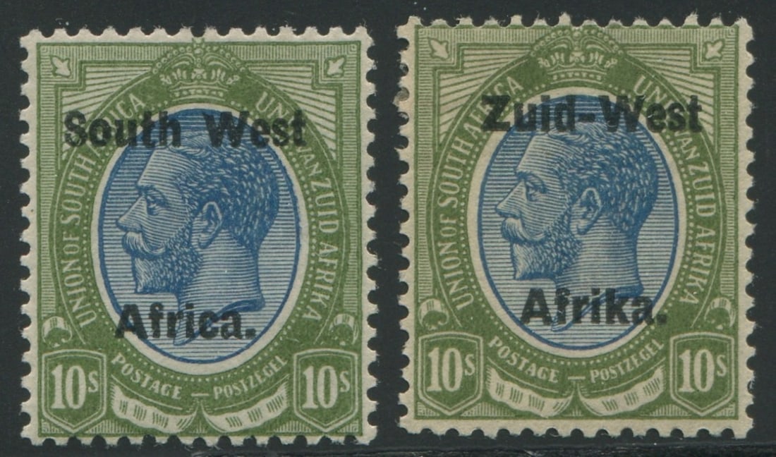 South West Africa 1923 #14a #14b, a MH 10/- green and blue with English and Afrikaans as singles, (1 of 2)