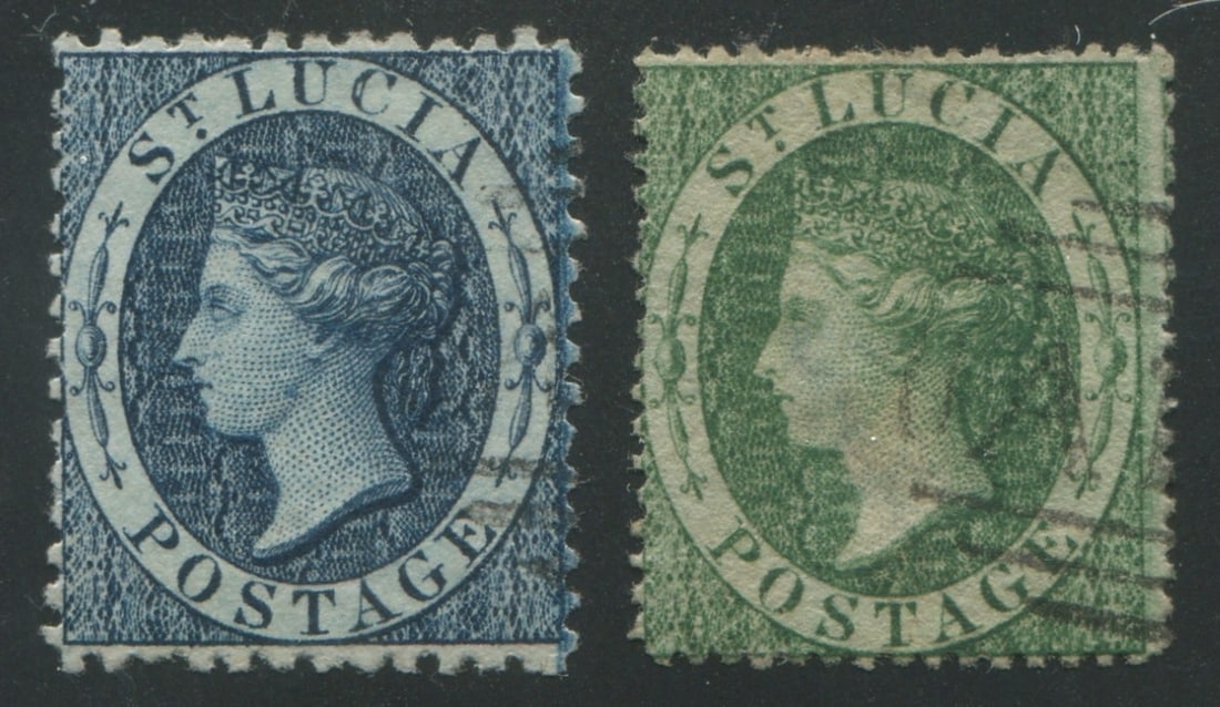 St Lucia 1860 #2 4d blue and #3 6d green lightly used, Scott value $400, appears f-vf (1 of 2)