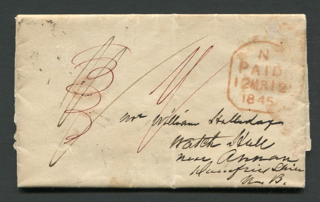 Tobago 1845, Feb 5, stampless folded letter to Annan, England, with strike of TOBAGO FLEEURON and (1 of 2)