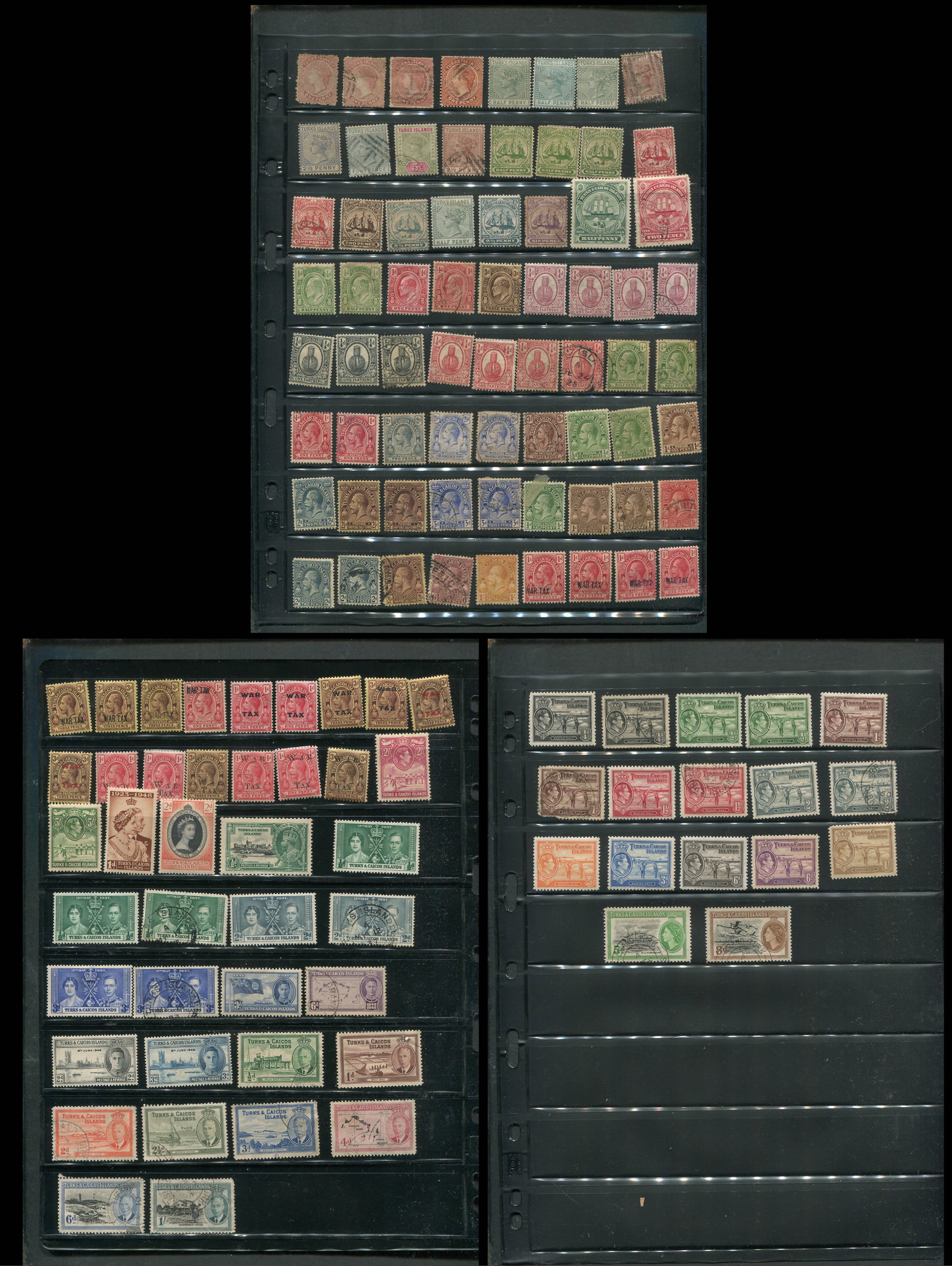 Turks ans Caicos 1876 - 1938, a MH and used selection on stocksheets, Scott value $490.90, please: Turks ans Caicos 1876 - 1938, a MH and used selection on stocksheets, Scott value $490.90, please note some light toning on mint, otherwise appears f-vf