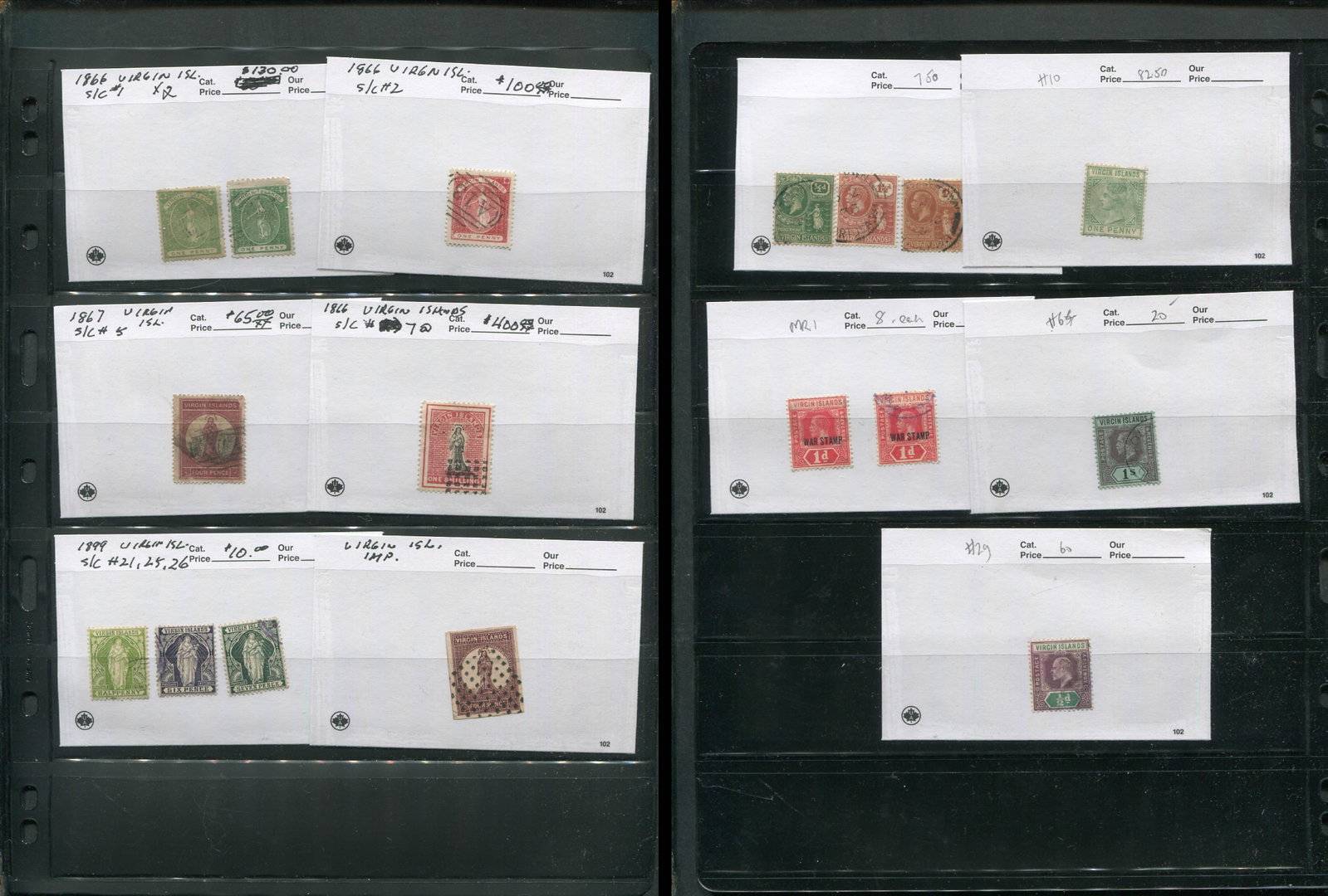 Virgin Islands 1866 - 1922 #1 / #64, a MH and used selection on a stocksheet, Scott value $831.60, (1 of 3)