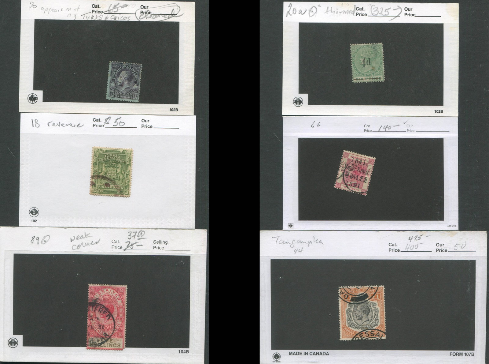 British Commonwealth group of 6 stamps est. Cat. $1050.00, British South Africa #18 Revenue, (1 of 3)