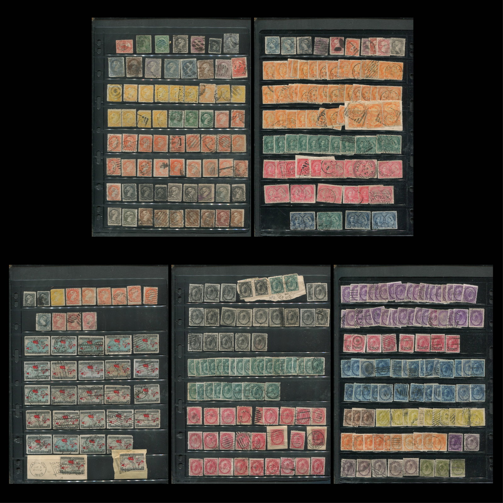 Canada 1868 -1889 #21 / #87, a used selection three doubled stocksheets, Unitrade value $2098.75: Canada 1868 -1889 #21 / #87, a used selection three doubled stocksheets, Unitrade value $2098.75 ($1498.57 USD), expect duplication, appears f-vf