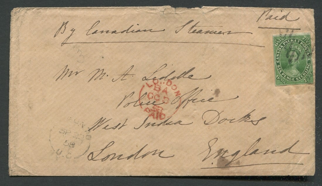 Canada 1852 -1857 #9 on cover addressed to London, England, with London Paid receiver cancel in red,: Canada 1852 -1857 #9 on cover addressed to London, England, with London Paid receiver cancel in red, appears f-vf