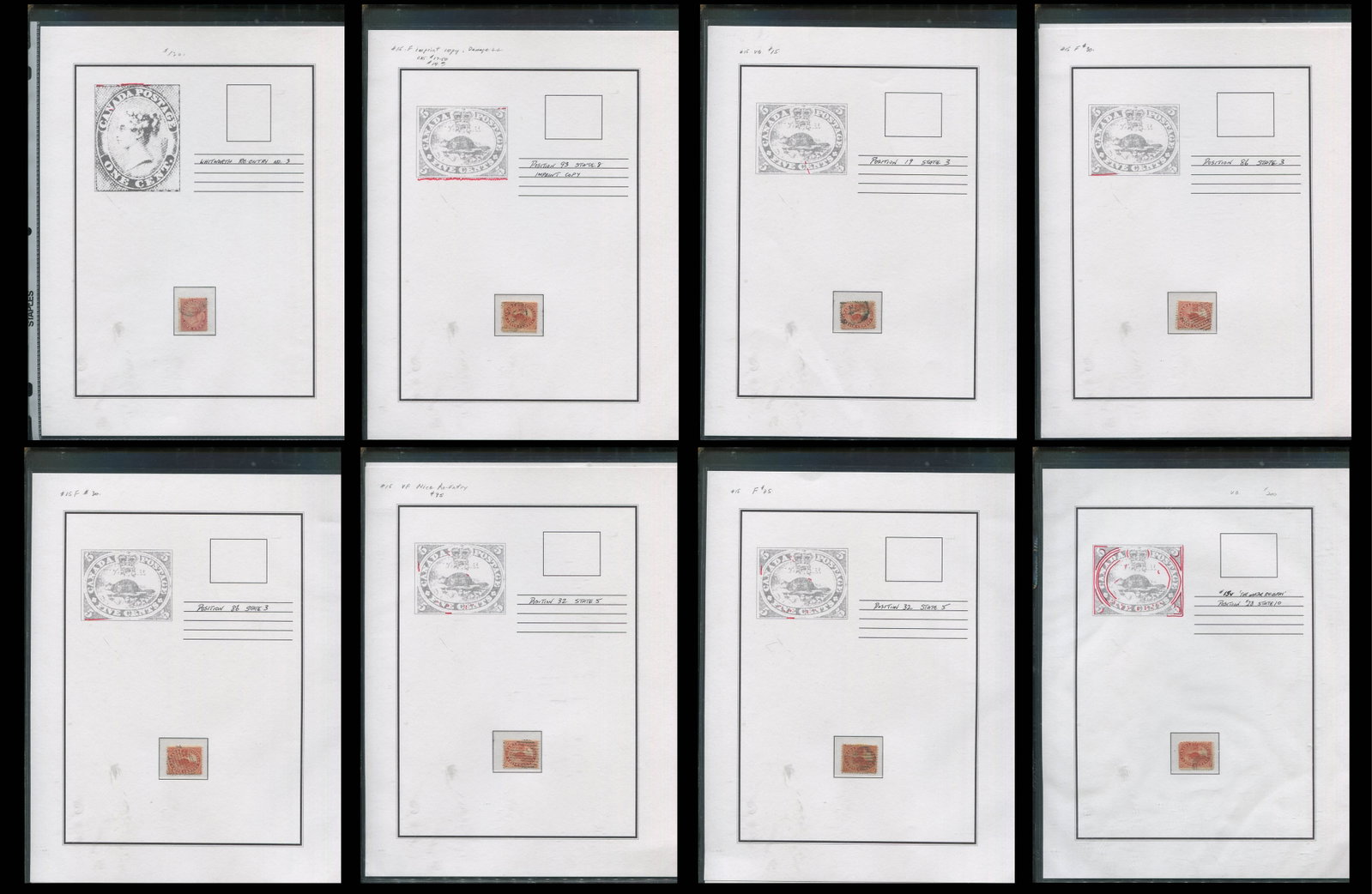 Canada 1859-1864 #14 and #15 , a used group of eight items #14 (1) 1 c rose and #15 (7) 5c vermilion (1 of 9)