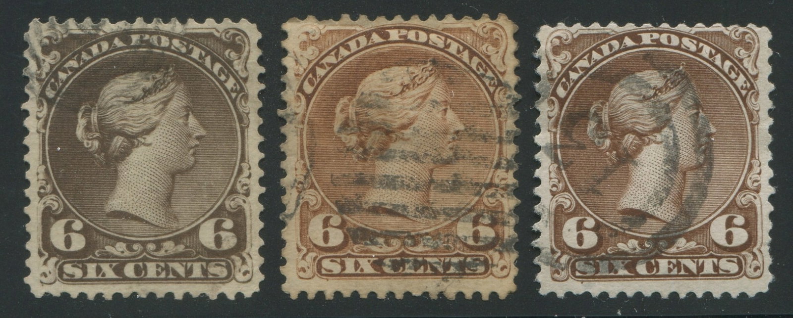 Canada 1868 6c brown shades F to VF, 3 examples , Unitrade Cat. $610.00, USD $425.00 (1 of 2)