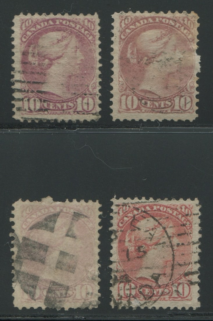 Canada 1870 - 1893, #40a, #40c, #40e and #45, four used example of the magenta, 11 1/2 x 12, pale (1 of 1)