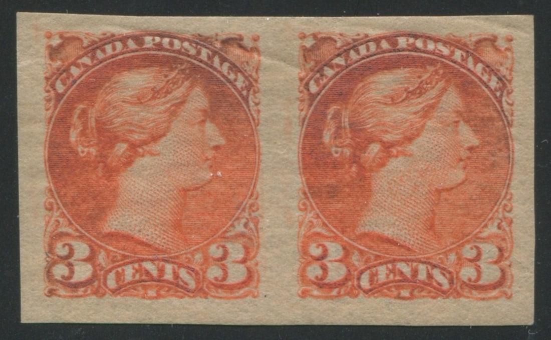Canada 1888 - 1897,#41b, 3c orange IMPERFORATE pair, with exceptionally large margins all round, (1 of 2)