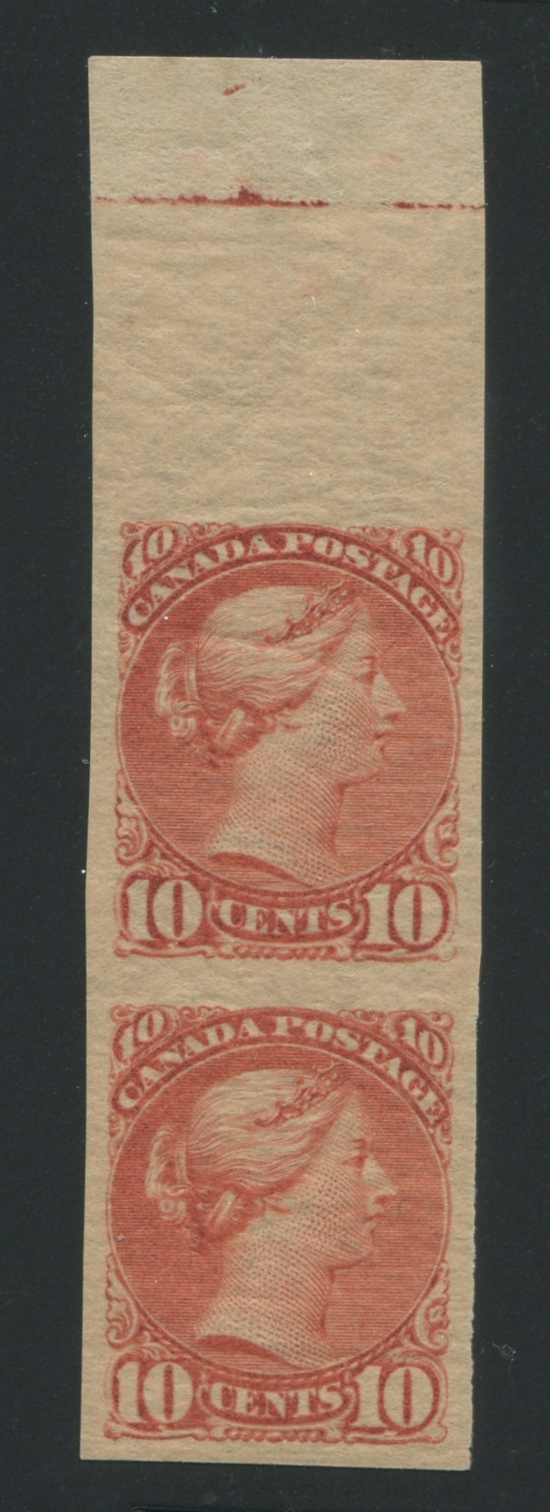 Canada 1888- 1897 #45i, MH 10c brown red IMPERFORATE vertical pair, showing ink line in the top: Canada 1888- 1897 #45i, MH 10c brown red IMPERFORATE vertical pair, showing ink line in the top margin, fresh colour, Unitrade Value $750 CND ($535.71 USD), appears f-vf