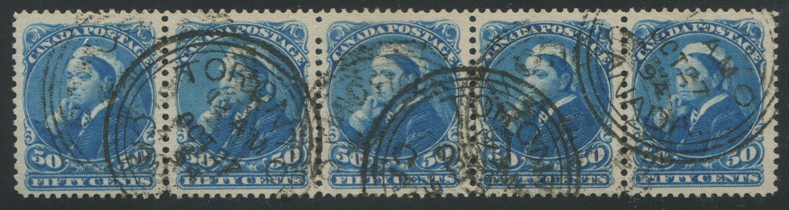 Canada 1888-1997 #47 50c deep blue, a used strip of five, cancelled by Toronto cds date Oct, 1894, (1 of 1)