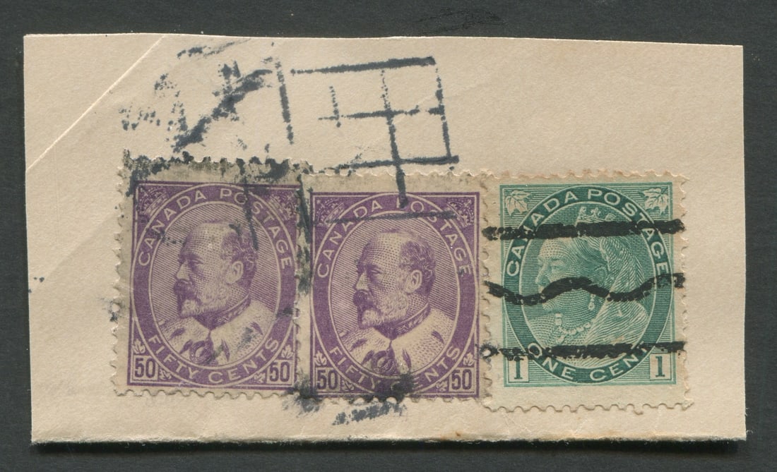 Canada 1898 - 1908, #75 and #95 (2) with precancel cancel, rare useage as pre - cancel, with #: Canada 1898 - 1908, #75 and #95 (2) with precancel cancel, rare useage as pre - cancel, with # cancelled by pen on piece, appears f-vf