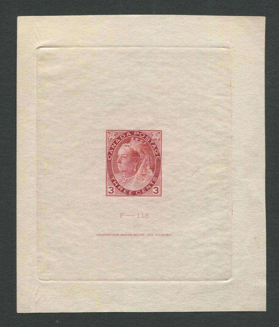 Canada 1898 - 1902, #78, a large die proof, die sunken on card, measuring 79 x 95mm, in colour of: Canada 1898 - 1902, #78, a large die proof, die sunken on card, measuring 79 x 95mm, in colour of issue, has American Bank Note Co, Ottawa imprint along with "F-118", very scarce item, appears f-vf