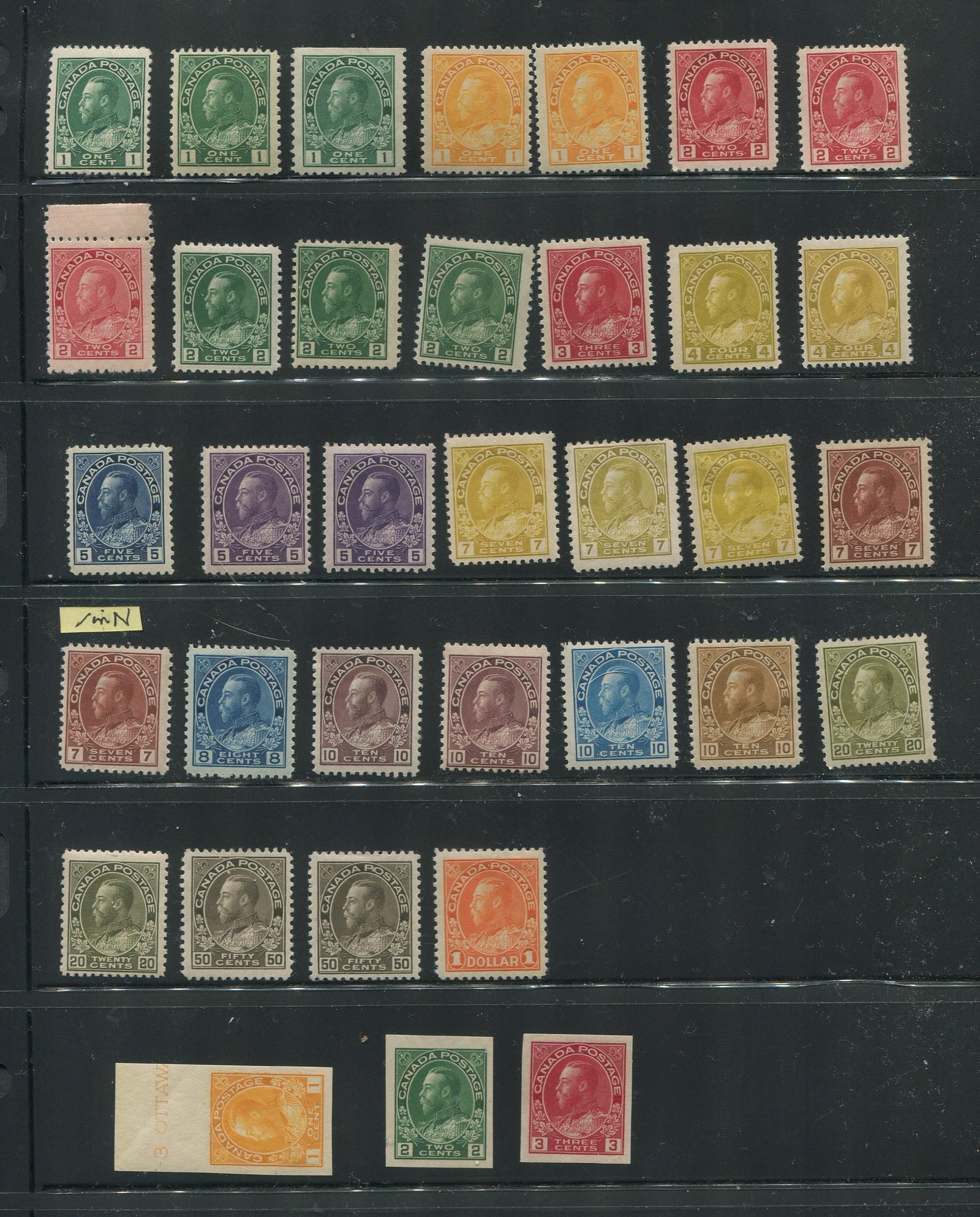 Canada 1911 - 1925 #104 / #122, a mainly MH Admiral extended set with 33 stamps, includes basic set,: Canada 1911 - 1925 #104 / #122, a mainly MH Admiral extended set with 33 stamps, includes basic set, plus distinctive shades includesa MNH 106, 106c,106ix, 107a, 107e, 108, 109, 112a, plus MNH set 136