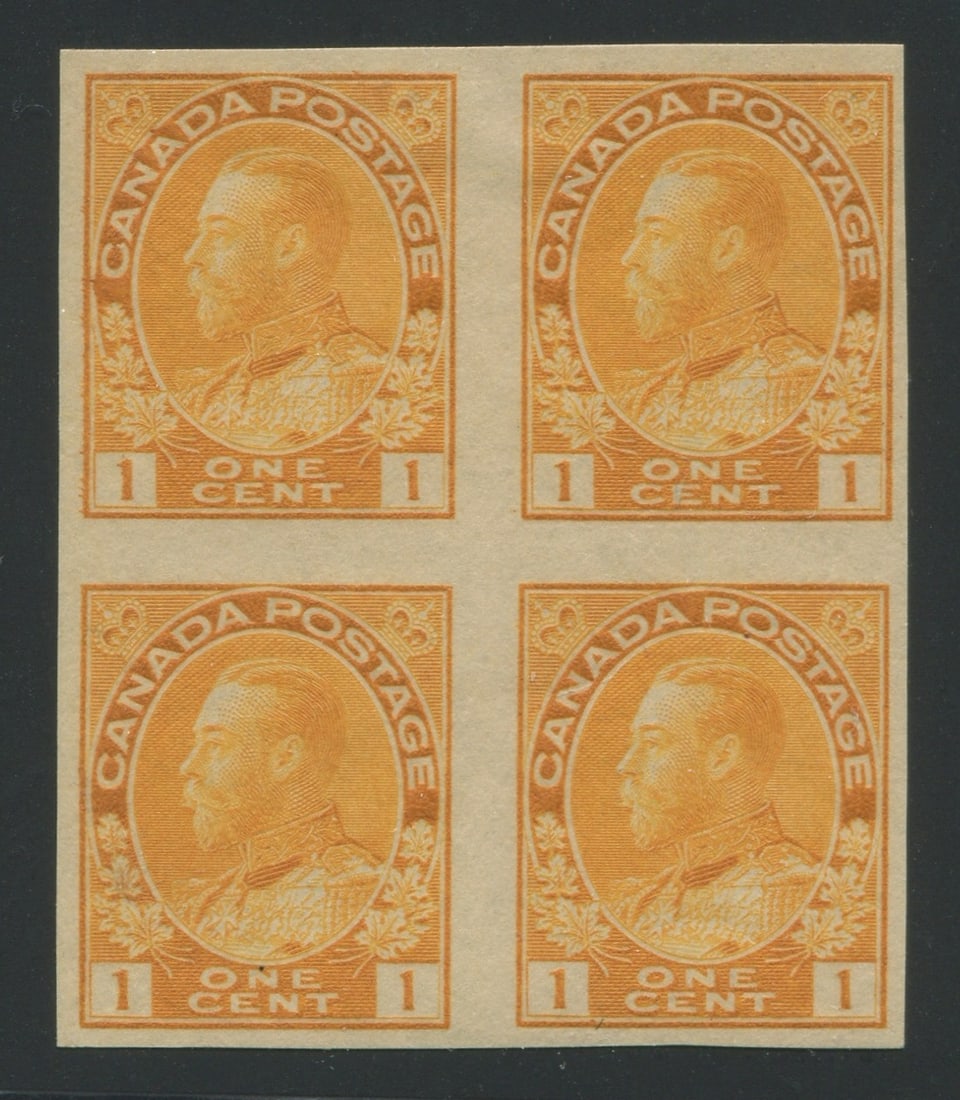 Canada 1924 #136 1c yellow IMPERFORATE block of four (Top two stamps MH, bottom two MNH) Unitrade (1 of 2)